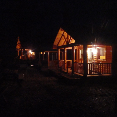 Alaska Steelhead Co. Cabin at night