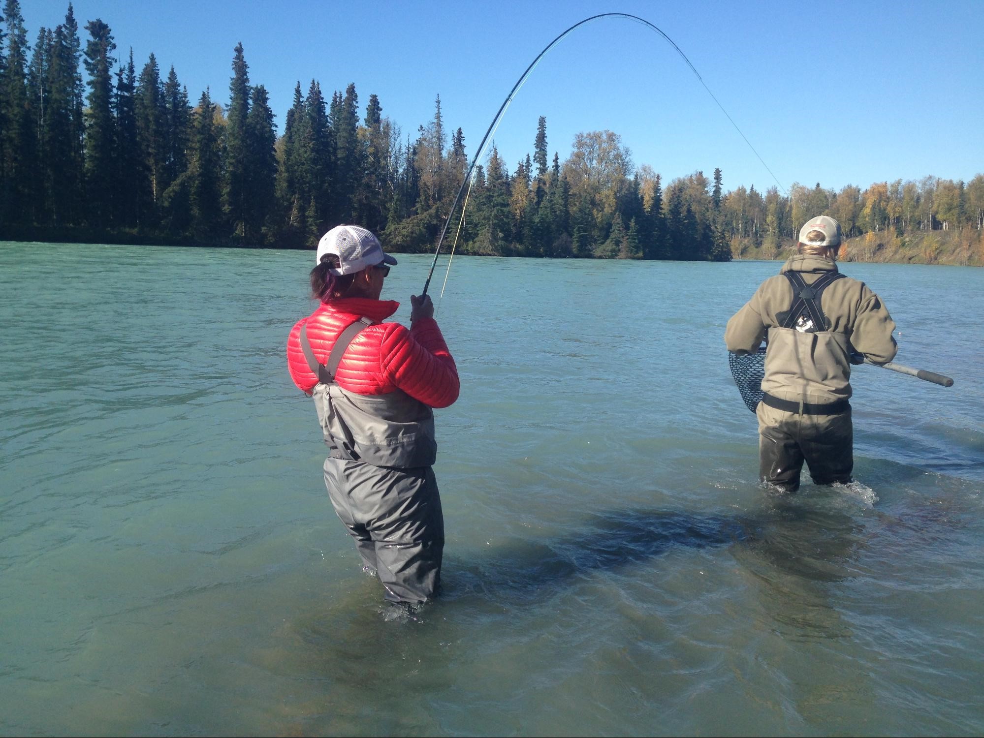 Angler hooked up and guide netting fish