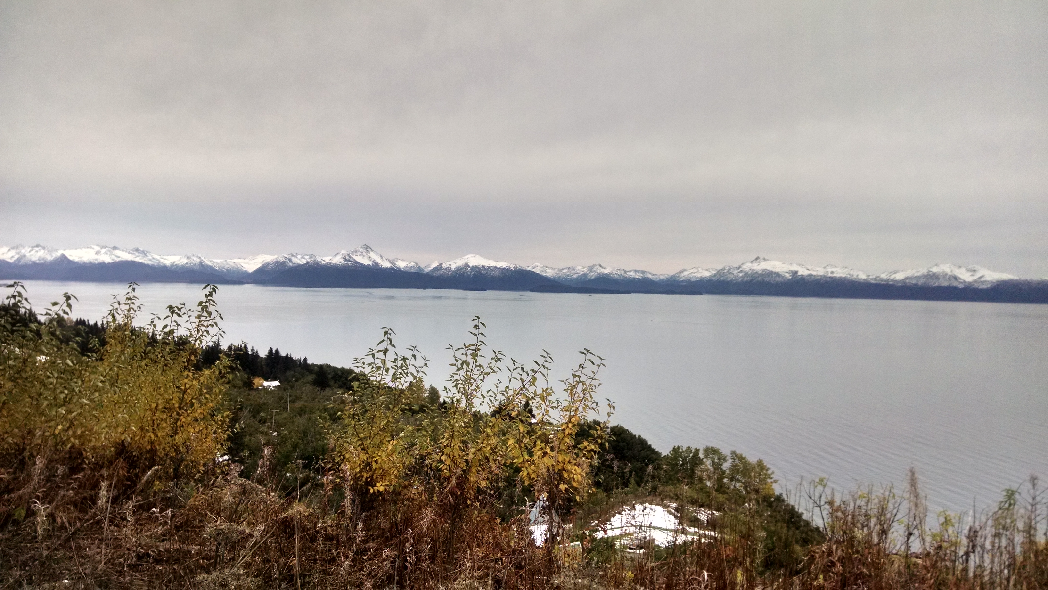 Snow capped Alaskan peaks and ocean view