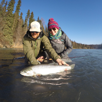 Two angler and a bright Alaska Steelhead