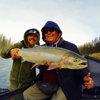 Guide and client show off trophy Alaska Steelhead