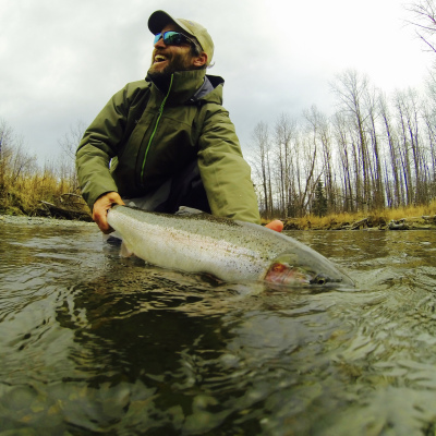 Happy angler releasing Alaska Steelhead