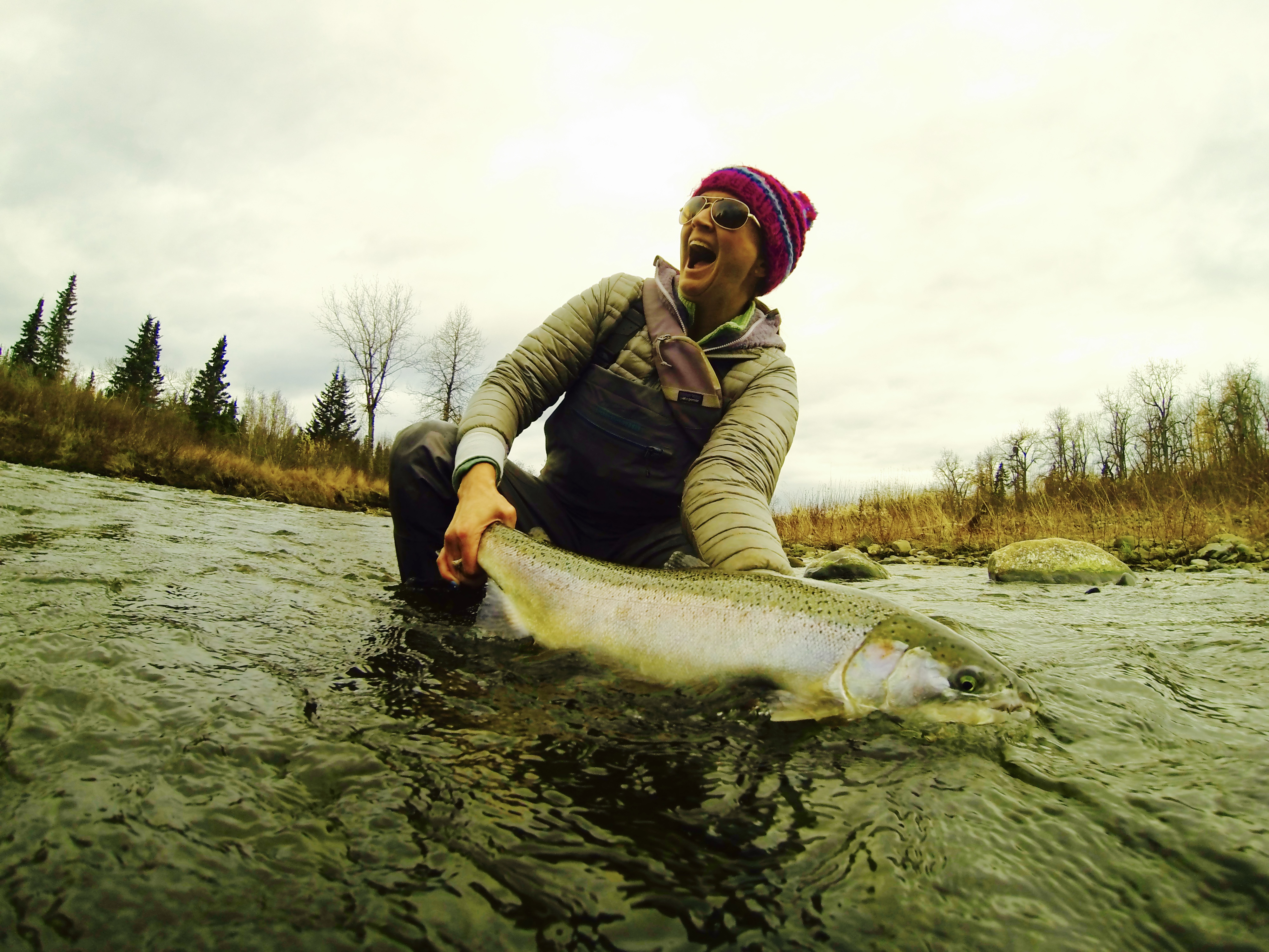 Excited fly fisher releasing a Steelhead in Alaska