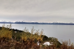 Snow capped Alaskan peaks and ocean view